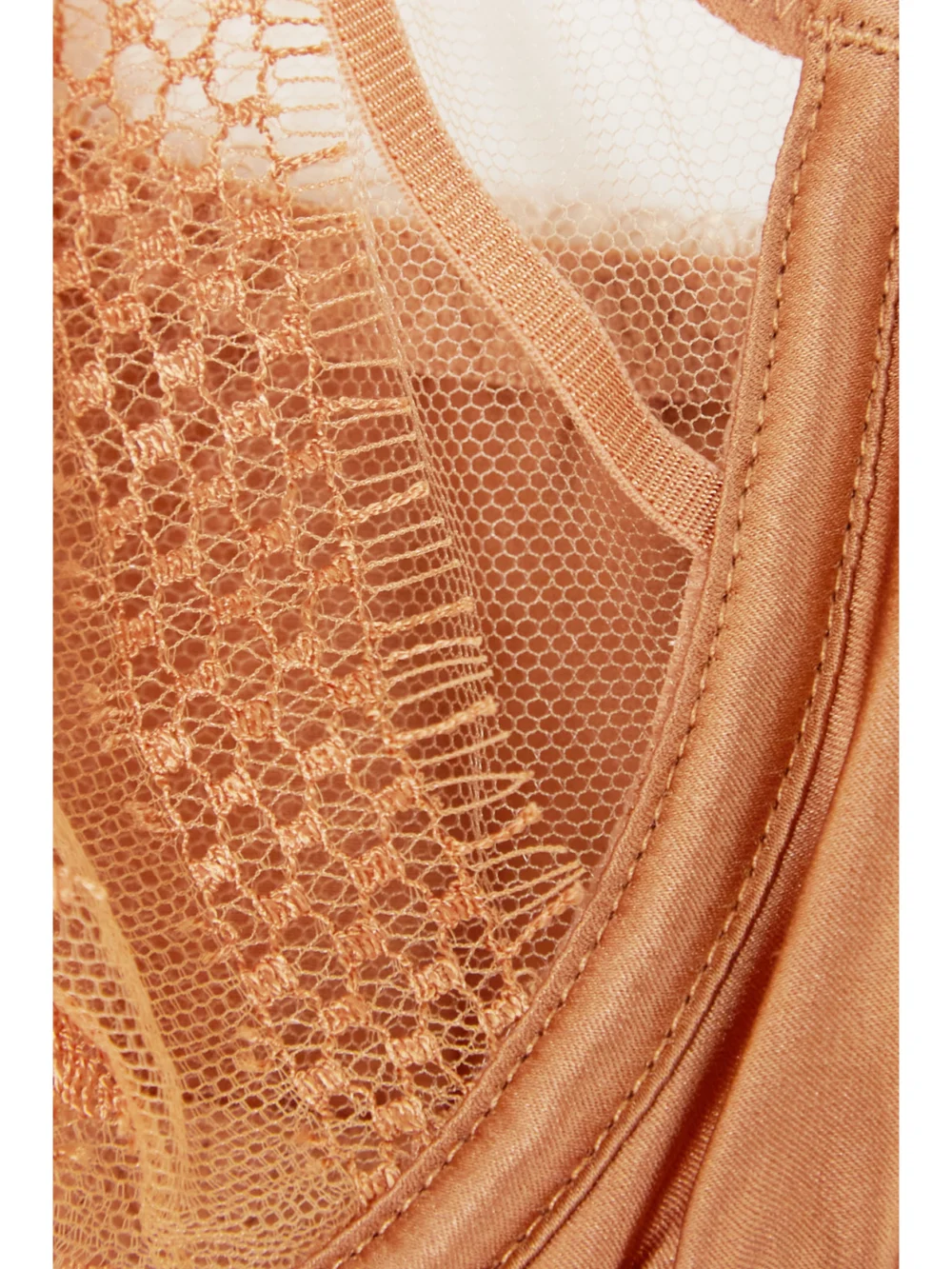 Close-up detail of the Agent Provocateur Tanya Cutout Leavers Lace and Stretch-silk Satin Underwired Bra