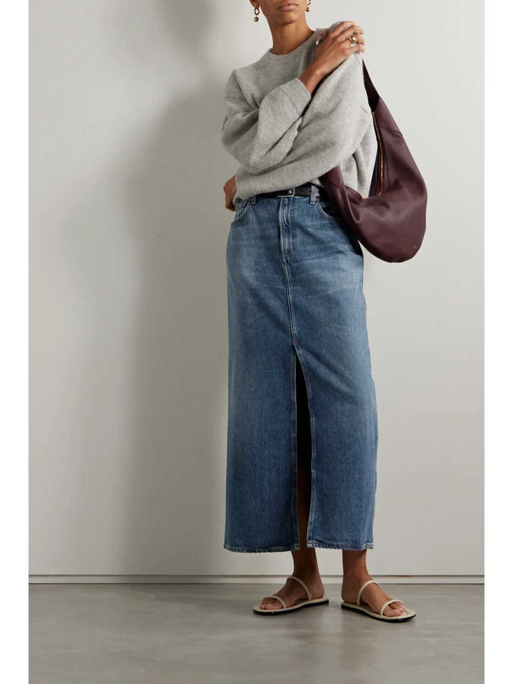 Agolde Leif Denim Midi Skirt, worn by a model