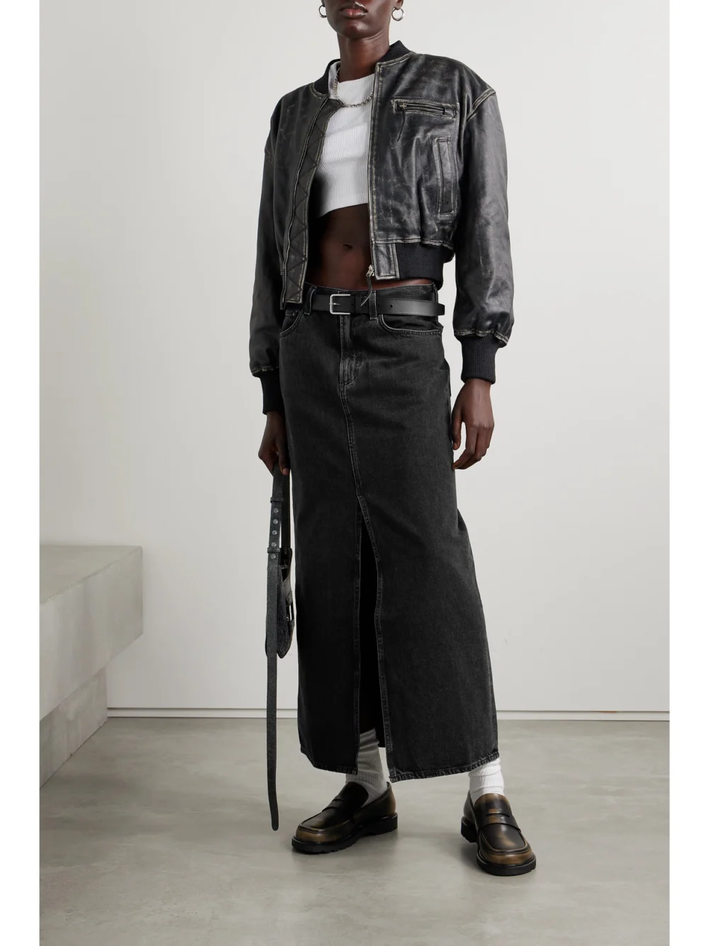 Agolde Leif Organic Denim Maxi Skirt, worn by a model