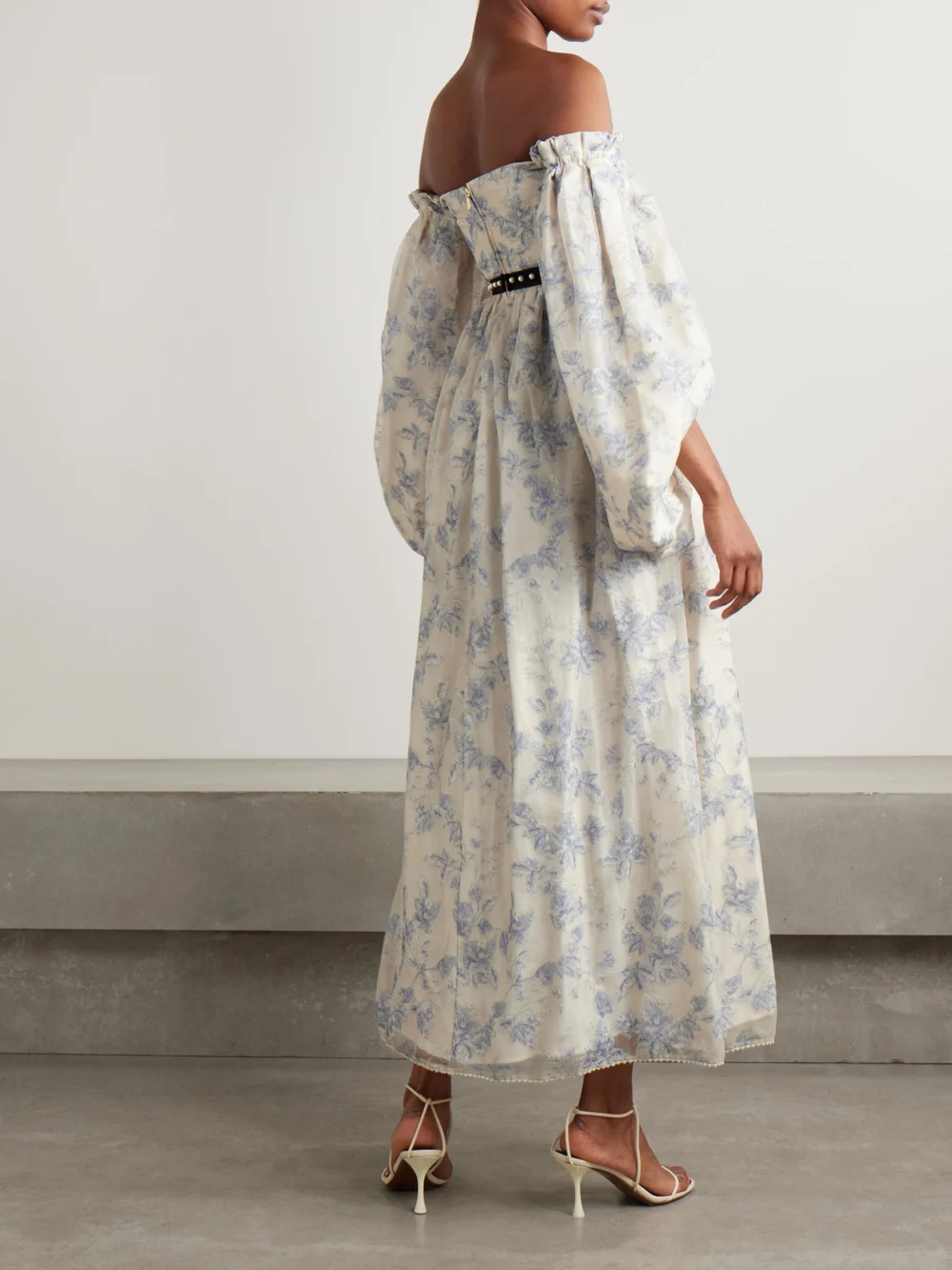 Back view of the Agua by Agua Bendita Alhelí Bougainvillea Off-the-shoulder Embellished Tulle Midi Dress