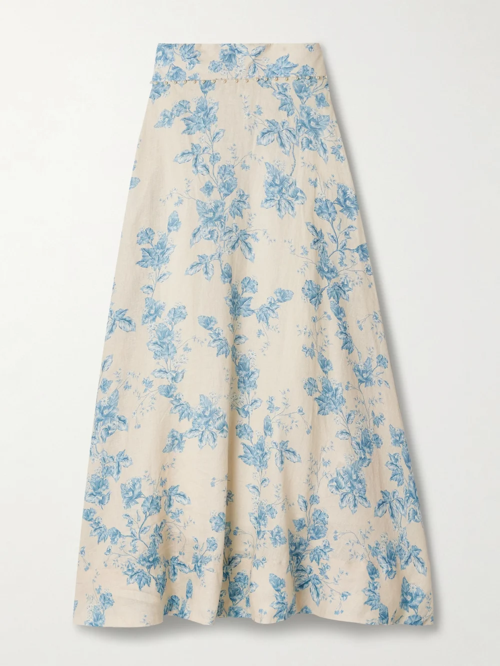 Agua by Agua Bendita Bergamota Bougainvillea Embellished Floral-print Linen Midi Skirt in blue