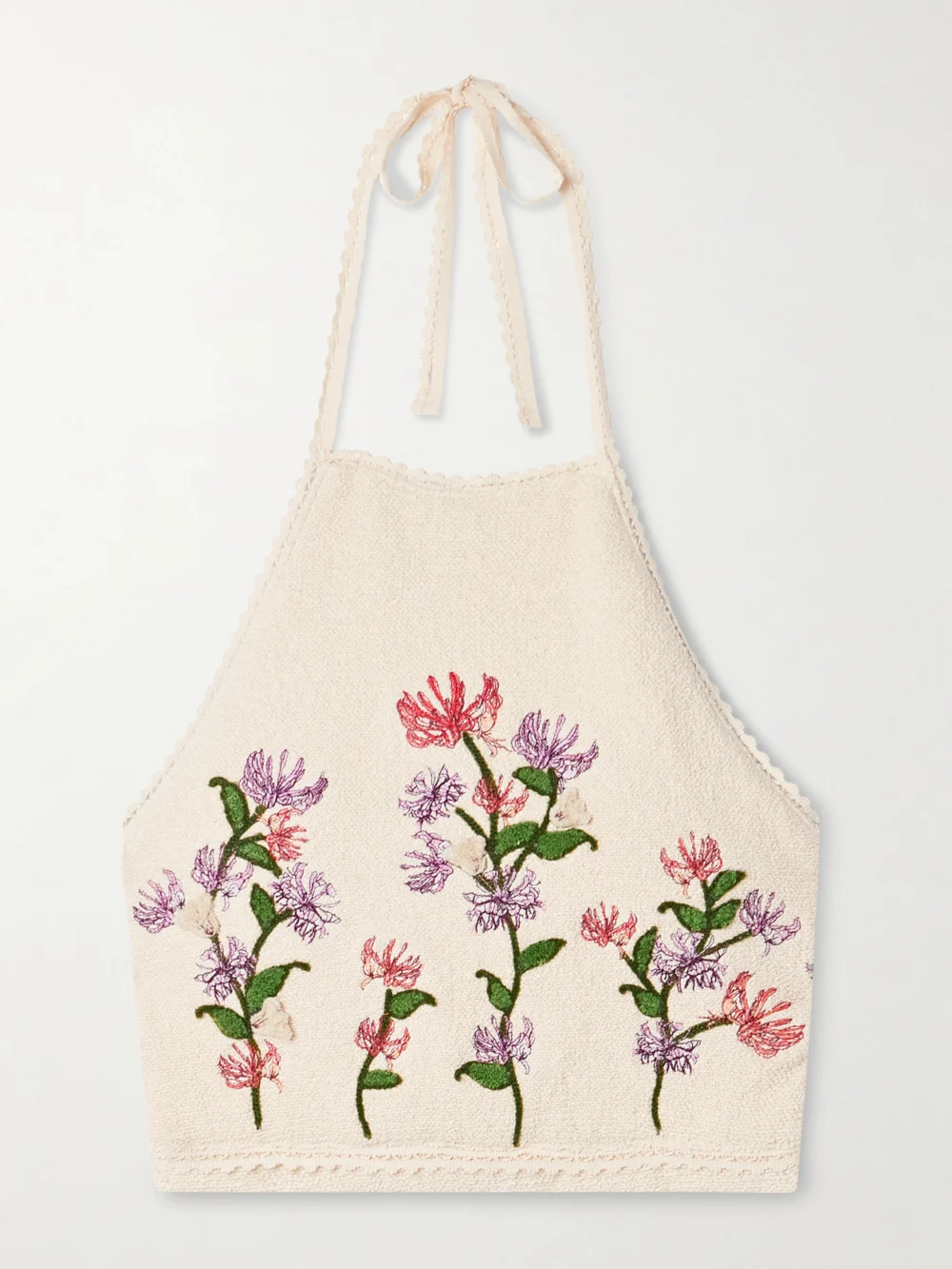Agua by Agua Bendita Carlota Honeysuckle Cropped Appliquéd Embroidered Cotton-blend Bouclé Halterneck Top in cream