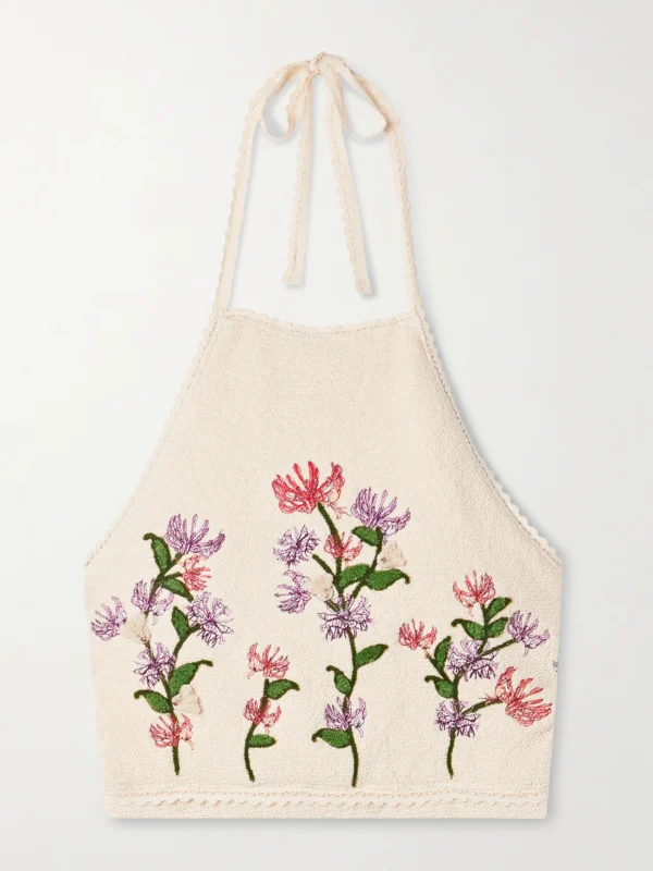 Agua by Agua Bendita Carlota Honeysuckle Cropped Appliquéd Embroidered Cotton-blend Bouclé Halterneck Top