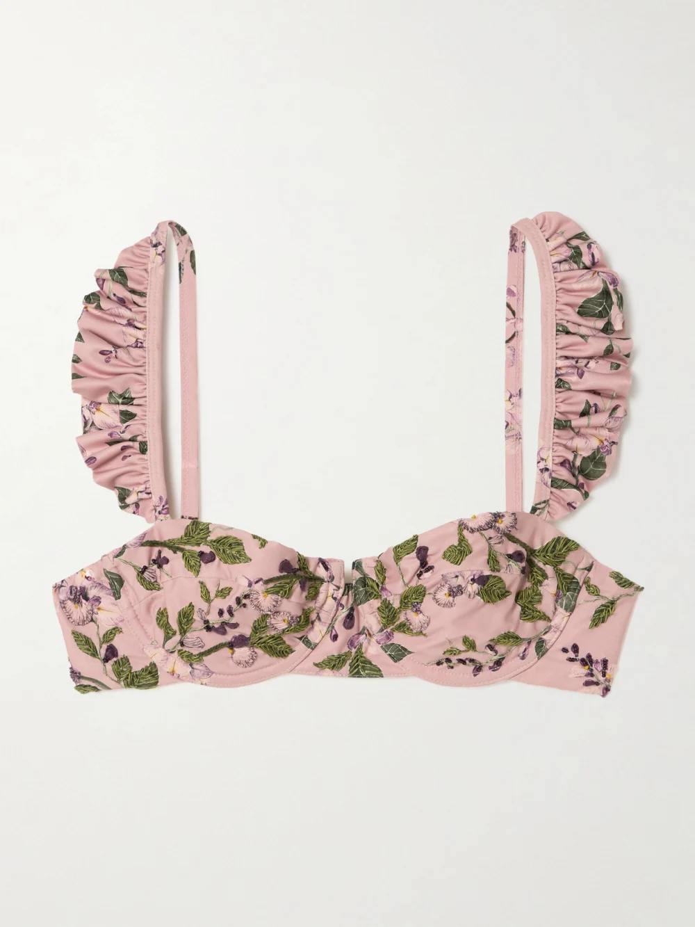 Agua by Agua Bendita Kiwi Wisteria Ruffled Embroidered Floral-print Underwired Recycled Bikini Top in pink
