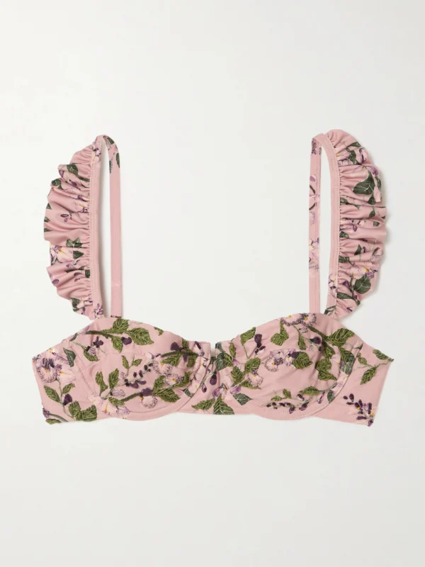 Agua by Agua Bendita Kiwi Wisteria Ruffled Embroidered Floral-print Underwired Recycled Bikini Top