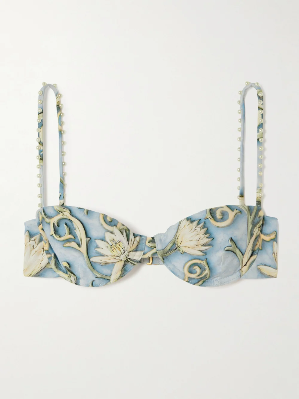 Agua by Agua Bendita Magdalena Soledad Faux Pearl-embellished Floral-print Recycled Underwired Bikini Top in blue