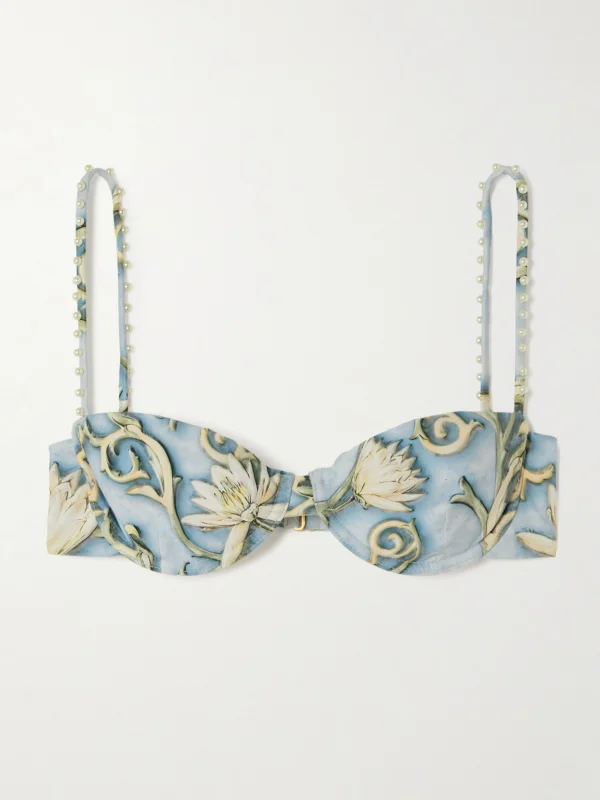 Agua by Agua Bendita Magdalena Soledad Faux Pearl-embellished Floral-print Recycled Underwired Bikini Top