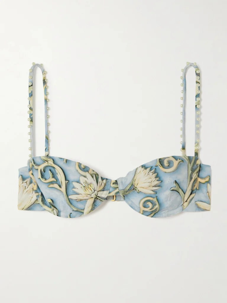 Agua by Agua Bendita Magdalena Soledad Faux Pearl-embellished Floral-print Recycled Underwired Bikini Top