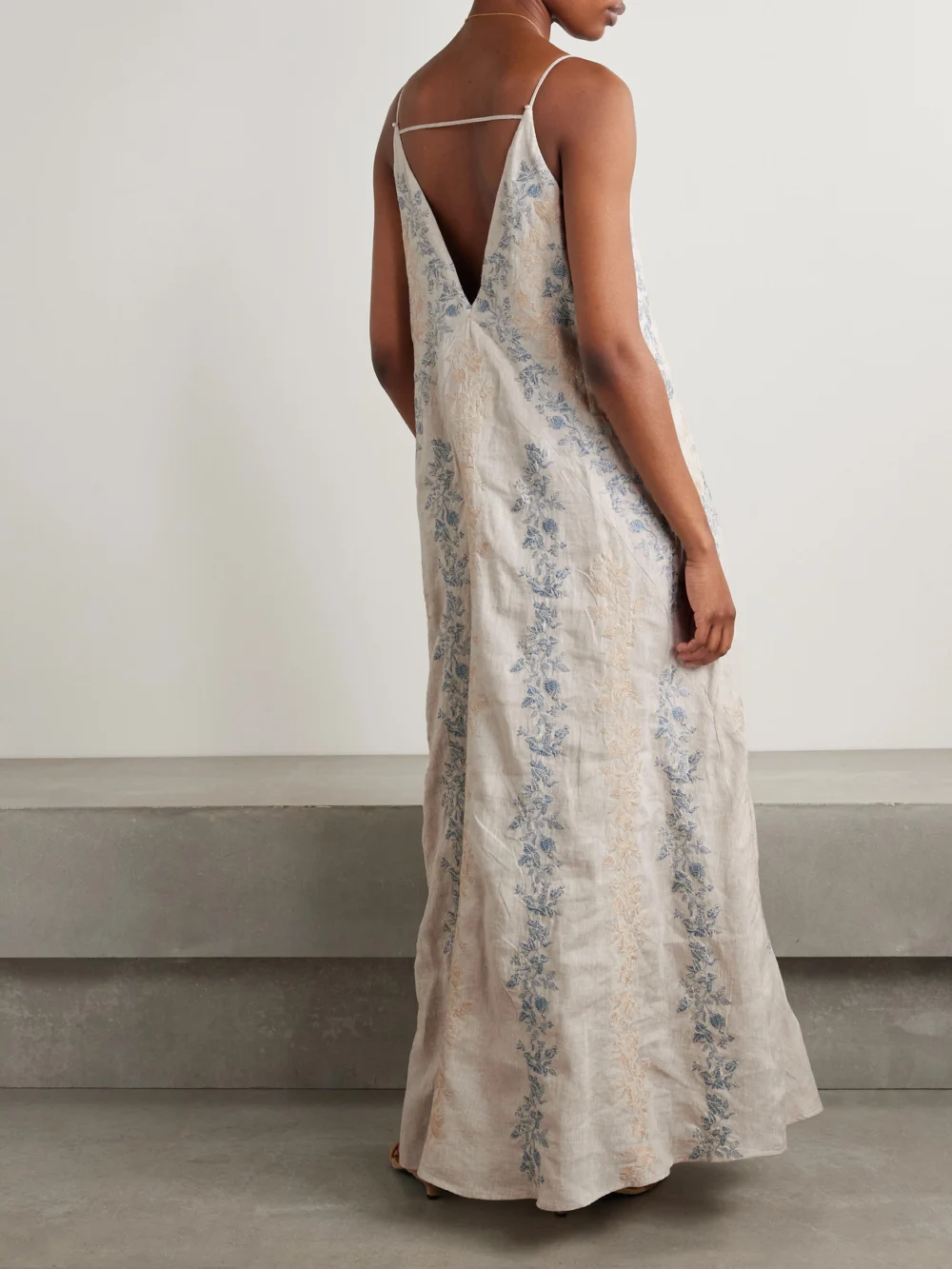 Back view of the Agua by Agua Bendita Soledad Bougainvillea Embroidered Linen Maxi Dress