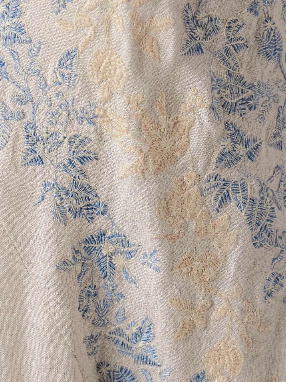 Close-up detail of the Agua by Agua Bendita Soledad Bougainvillea Embroidered Linen Maxi Dress