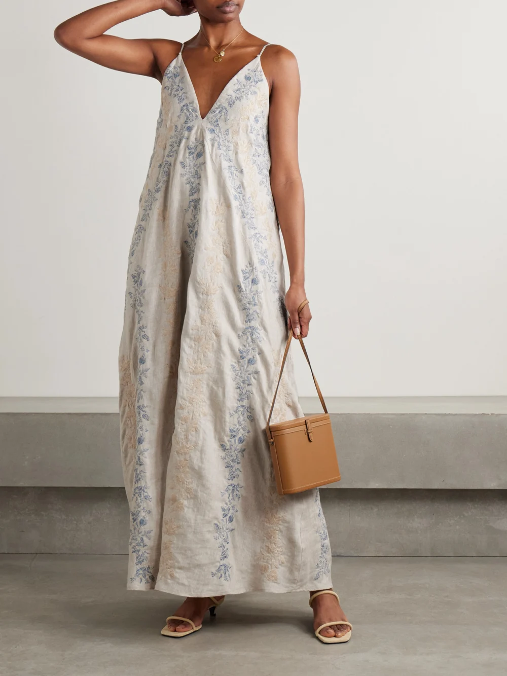 Agua by Agua Bendita Soledad Bougainvillea Embroidered Linen Maxi Dress, worn by a model