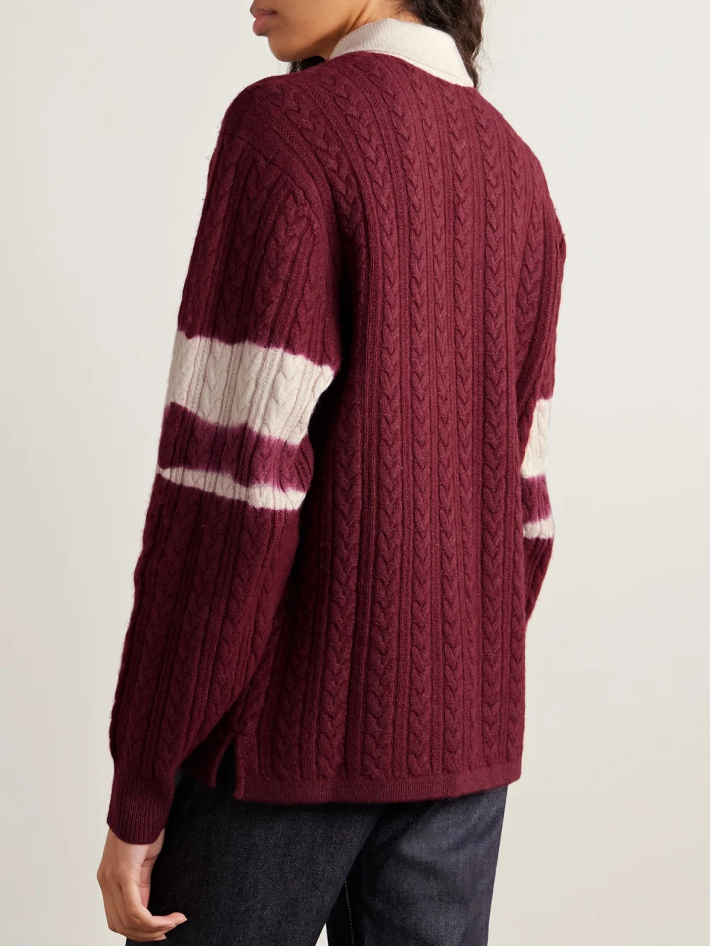 Back view of the Aimé Leon Dore Cable-knit Striped Wool and Cotton-blend Polo Shirt