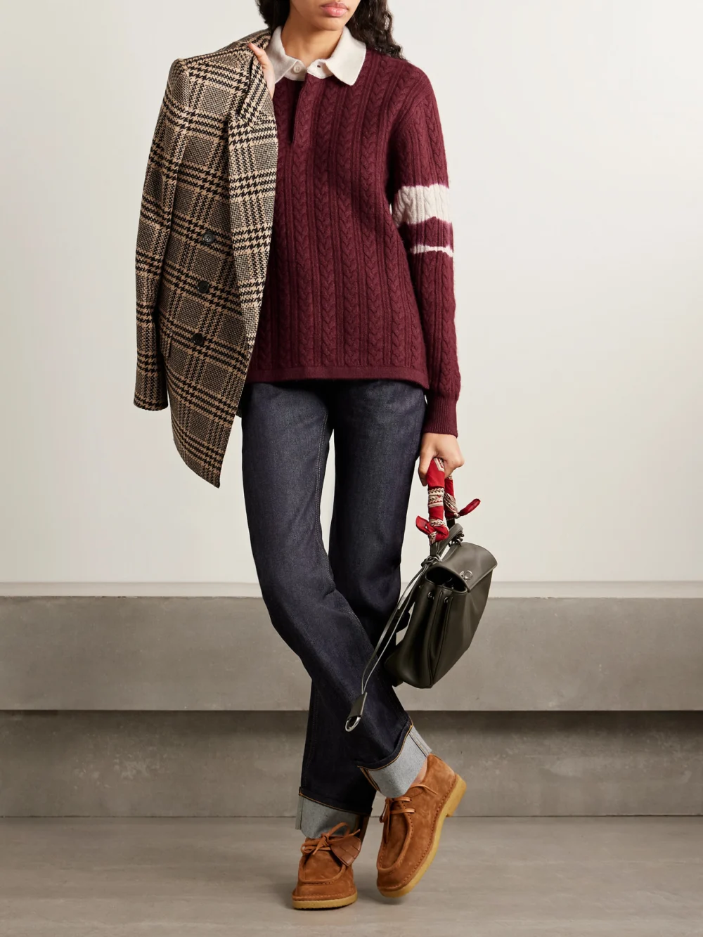 Aimé Leon Dore Cable-knit Striped Wool and Cotton-blend Polo Shirt, worn by a model