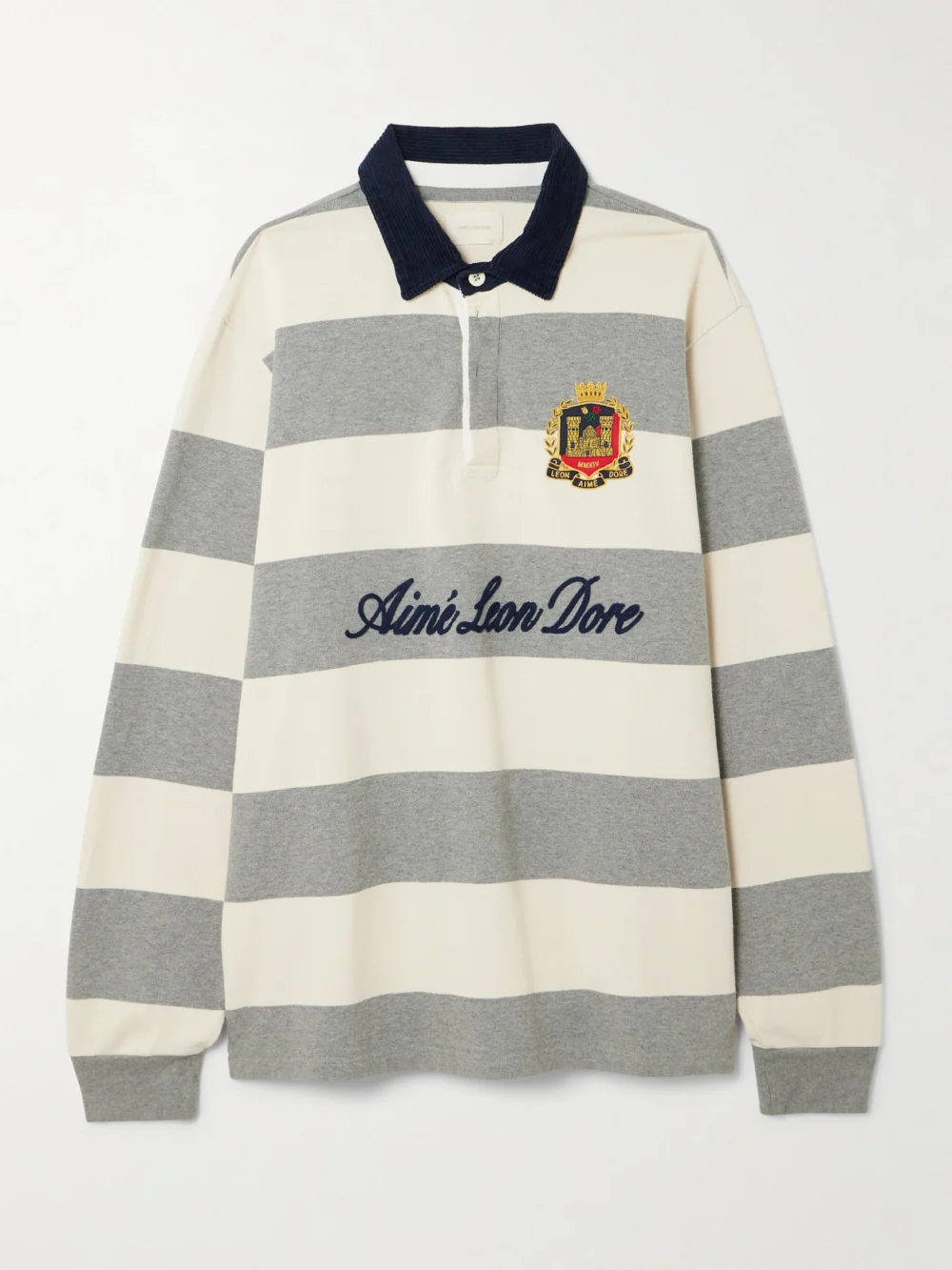 Aimé Leon Dore Script Embroidered Printed Striped Corduroy-trimmed Cotton Rugby Shirt in off-white