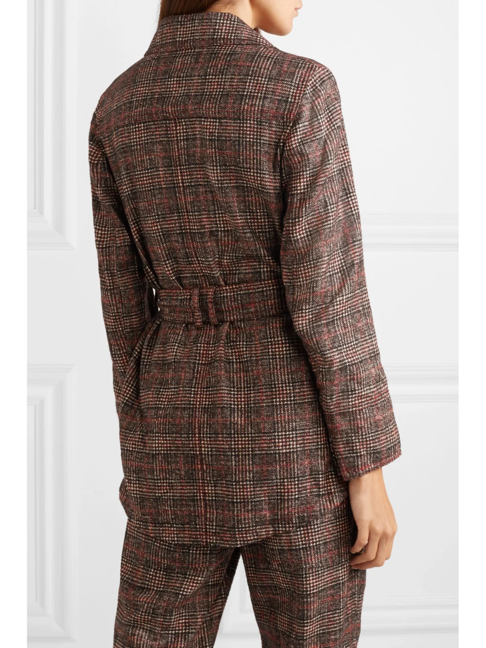 Back view of the Akris Belted Checked Wool Jacket