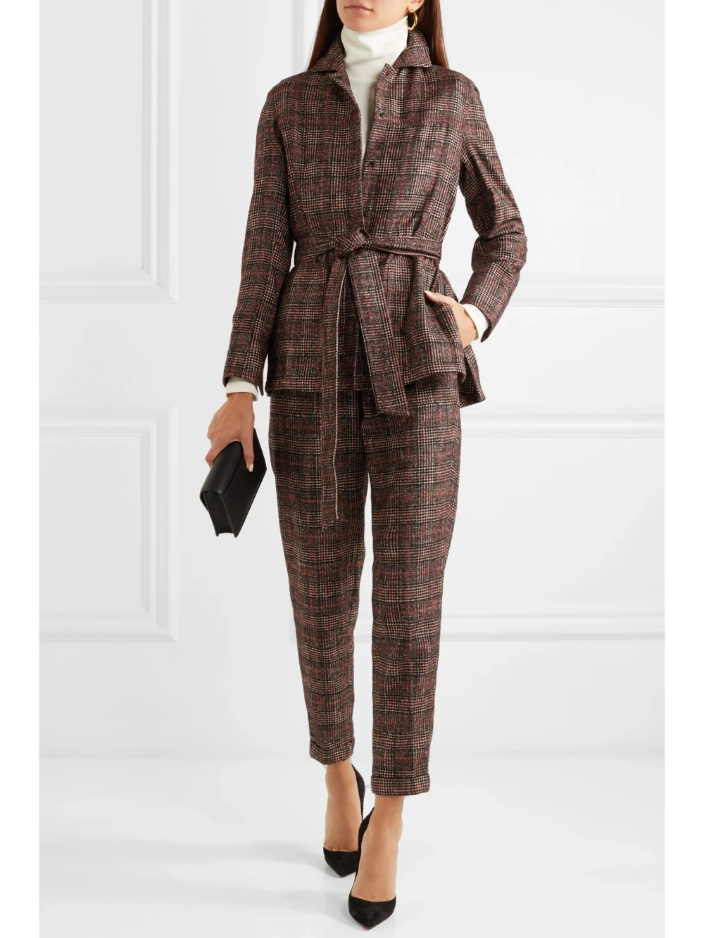 Akris Belted Checked Wool Jacket, worn by a model