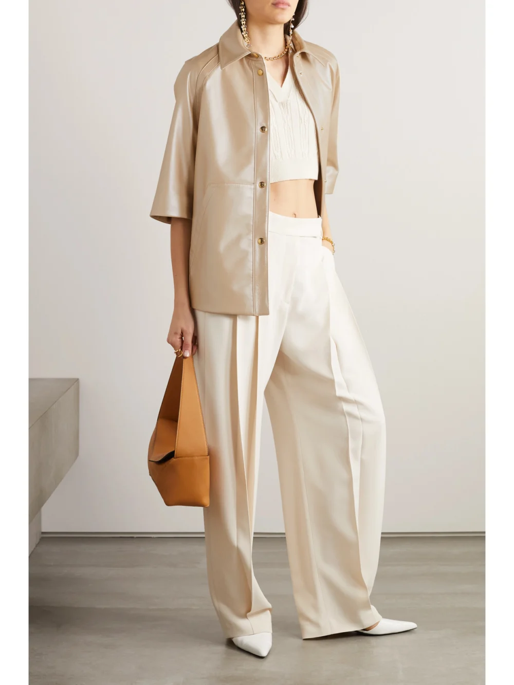 Akris Gina Iridescent Leather Jacket, worn by a model