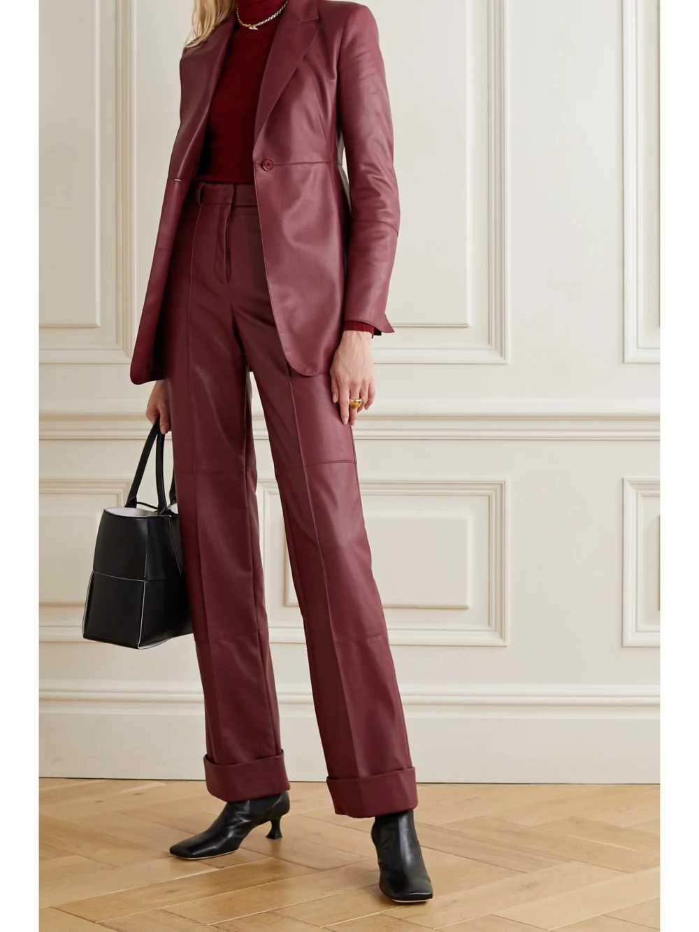 Akris Leather Straight-leg Pants, worn by a model