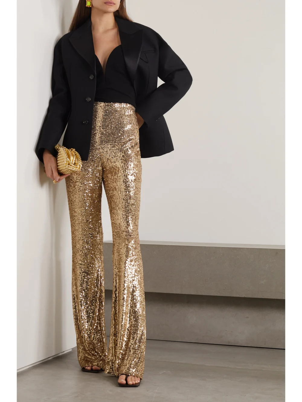 Akris Sequined Stretch-tulle Flared Pants, worn by a model