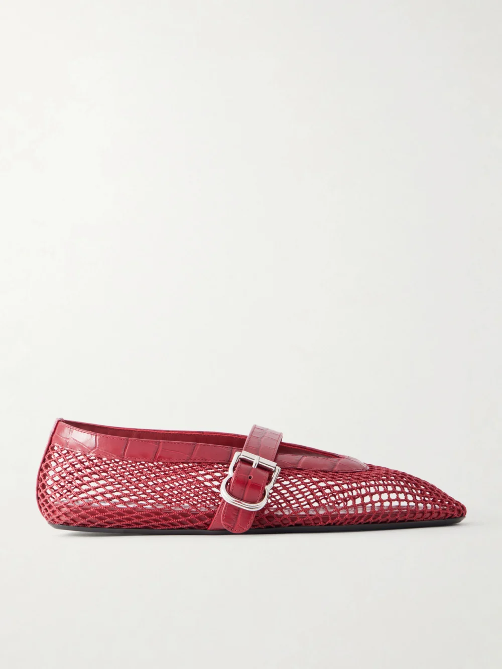 Alaïa La Ballerine Croc-effect Leather-trimmed Mesh Ballet Flats in burgundy