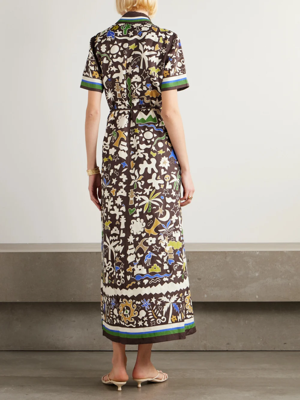 Back view of the Alémais Maroc Belted Printed Linen Midi Dress