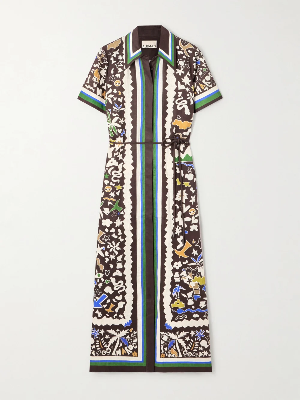 Alémais Maroc Belted Printed Linen Midi Dress in brown