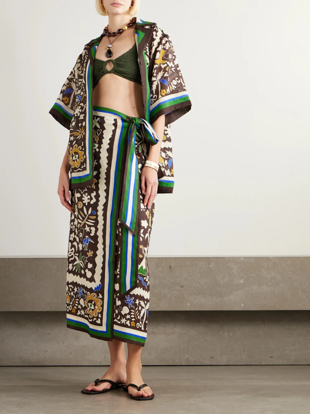 Alémais Maroc Printed Linen Wrap Skirt, worn by a model