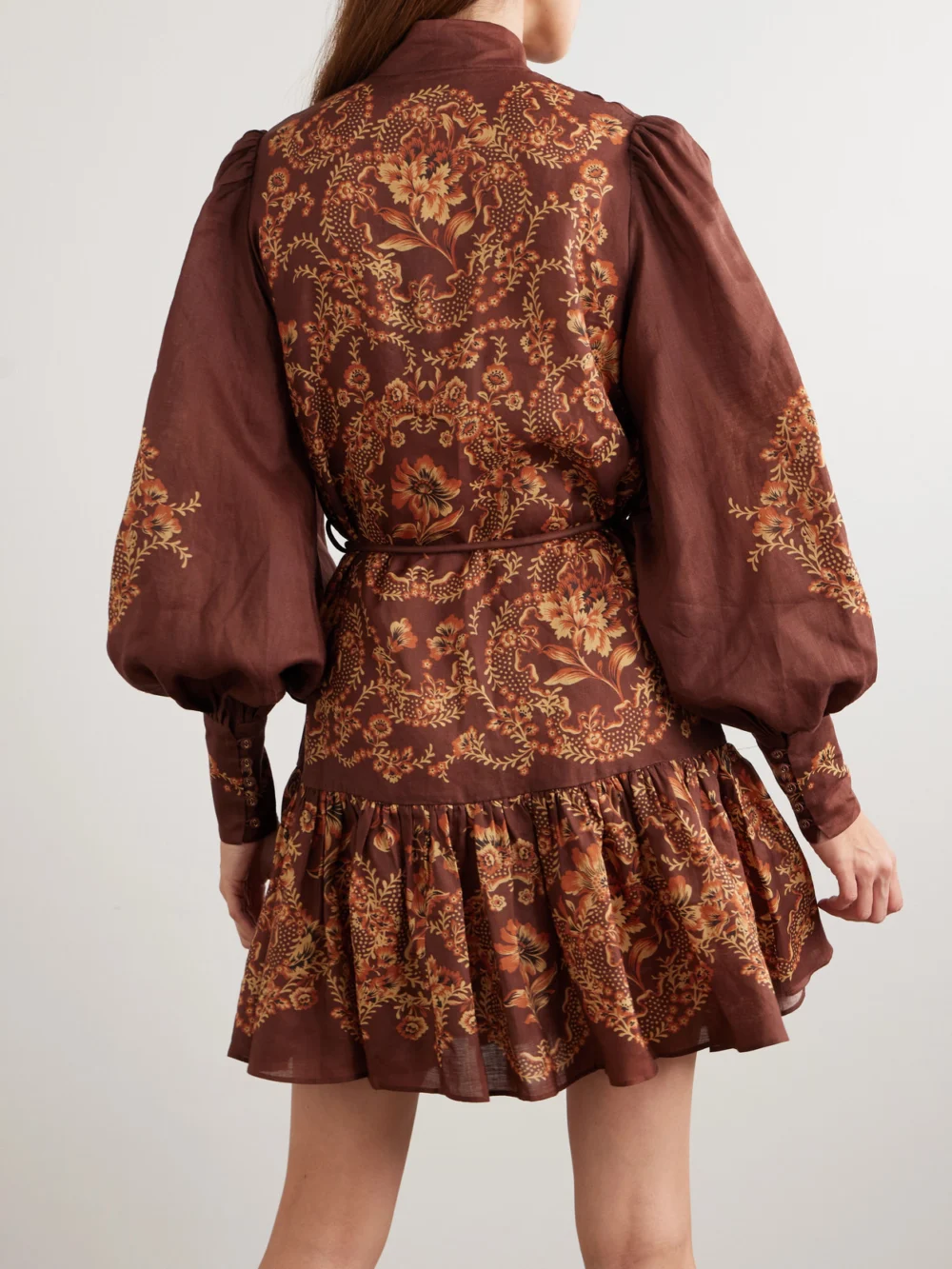 Back view of the Alémais Seraphina Belted Tiered Printed Ramie Mini Dress
