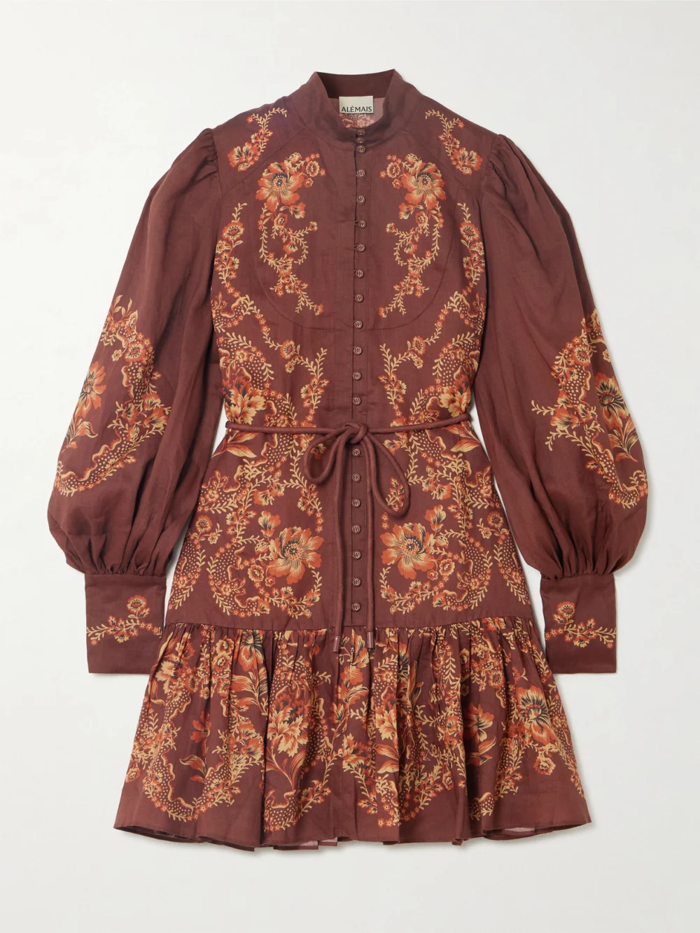 Alémais Seraphina Belted Tiered Printed Ramie Mini Dress in brown