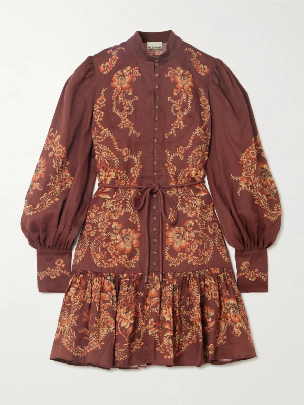 Alémais Seraphina Belted Tiered Printed Ramie Mini Dress