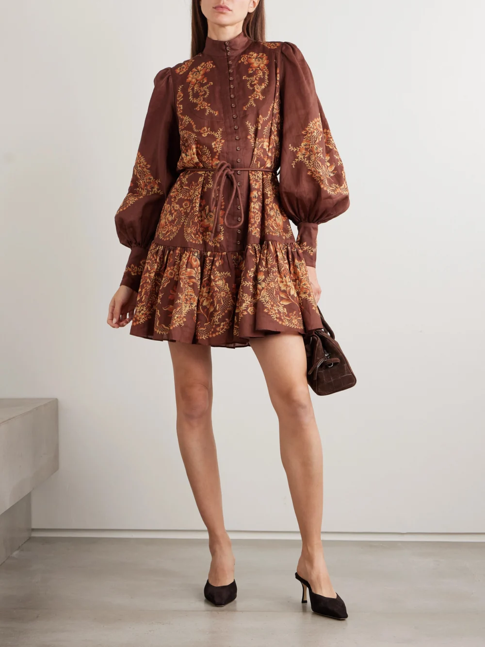 Alémais Seraphina Belted Tiered Printed Ramie Mini Dress, worn by a model