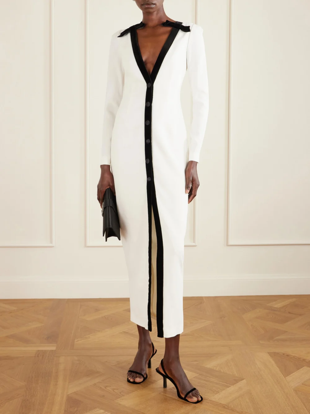 Alessandra Rich Bow-detailed Velvet-trimmed Stretch-cady Midi Dress, worn by a model