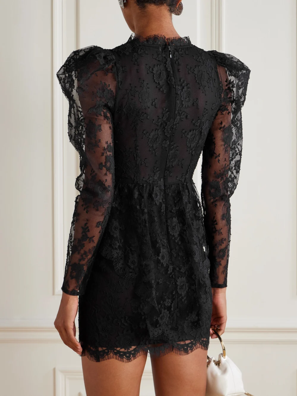 Back view of the Alessandra Rich Bow-embellished Cotton-blend Lace Mini Dress
