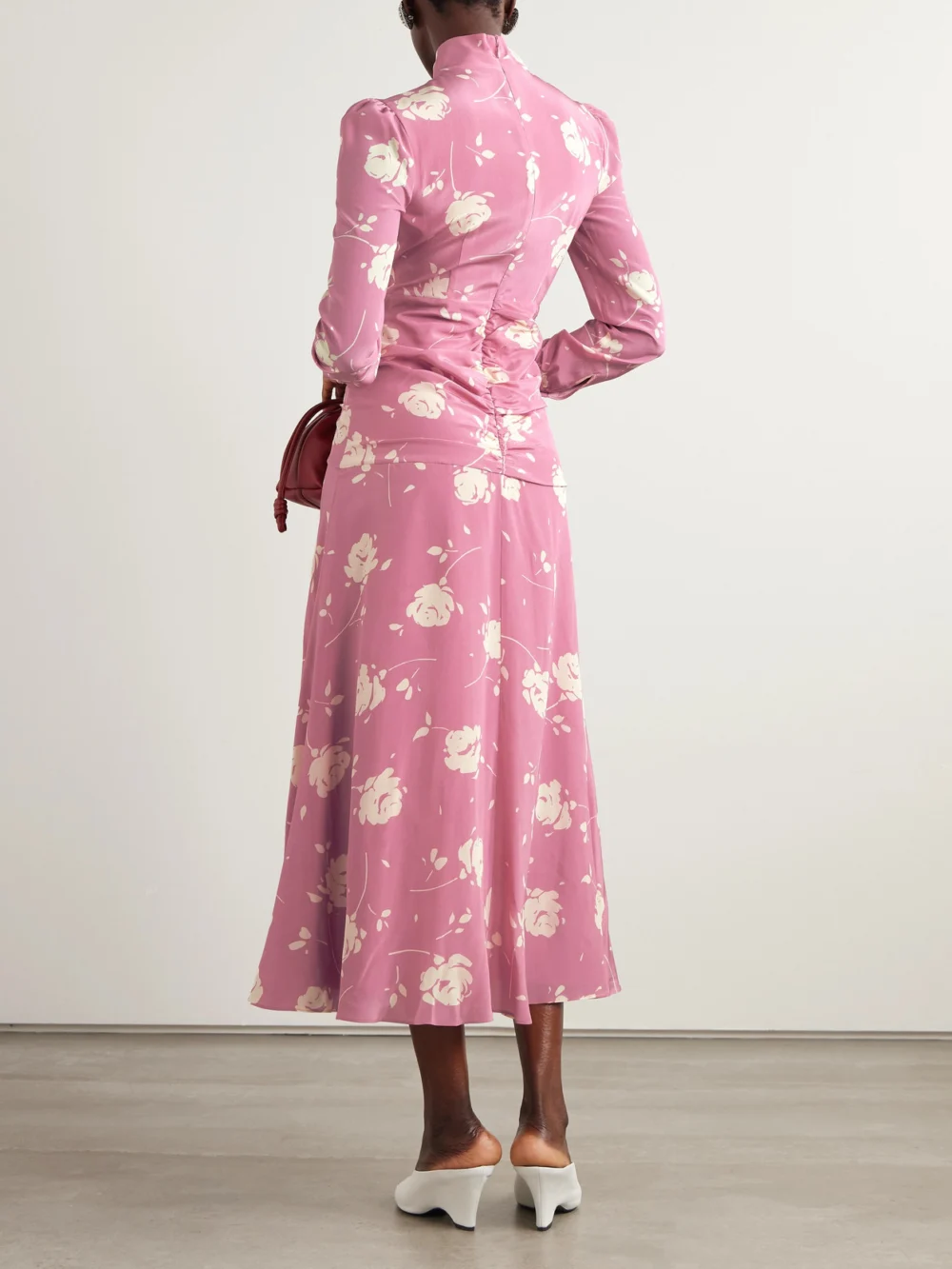 Back view of the Alessandra Rich Bow-embellished Gathered Floral-print Silk-georgette Midi Dress