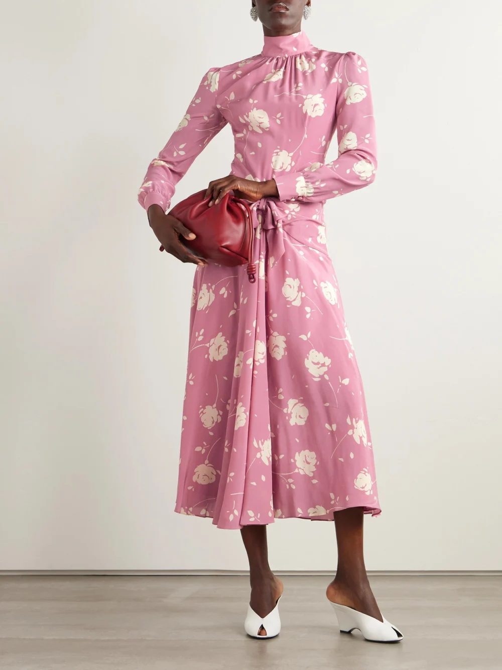 Alessandra Rich Bow-embellished Gathered Floral-print Silk-georgette Midi Dress, worn by a model