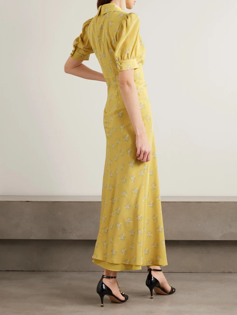 Back view of the Alessandra Rich Embellished Floral-print Silk Crepe De Chine Midi Dress