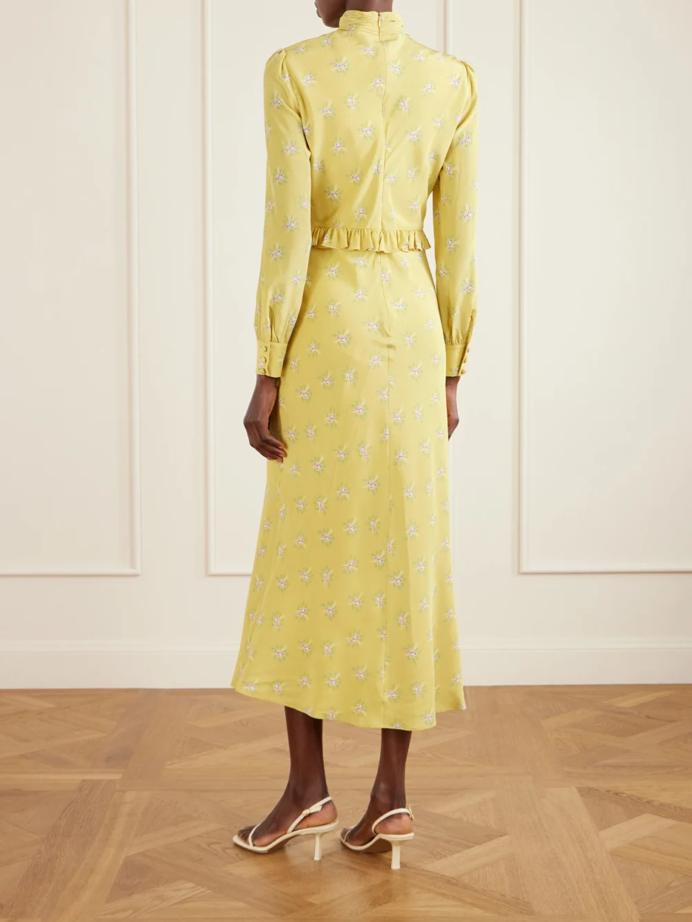 Back view of the Alessandra Rich Ruffled Bow-detailed Floral-print Silk Crepe De Chine Midi Dress