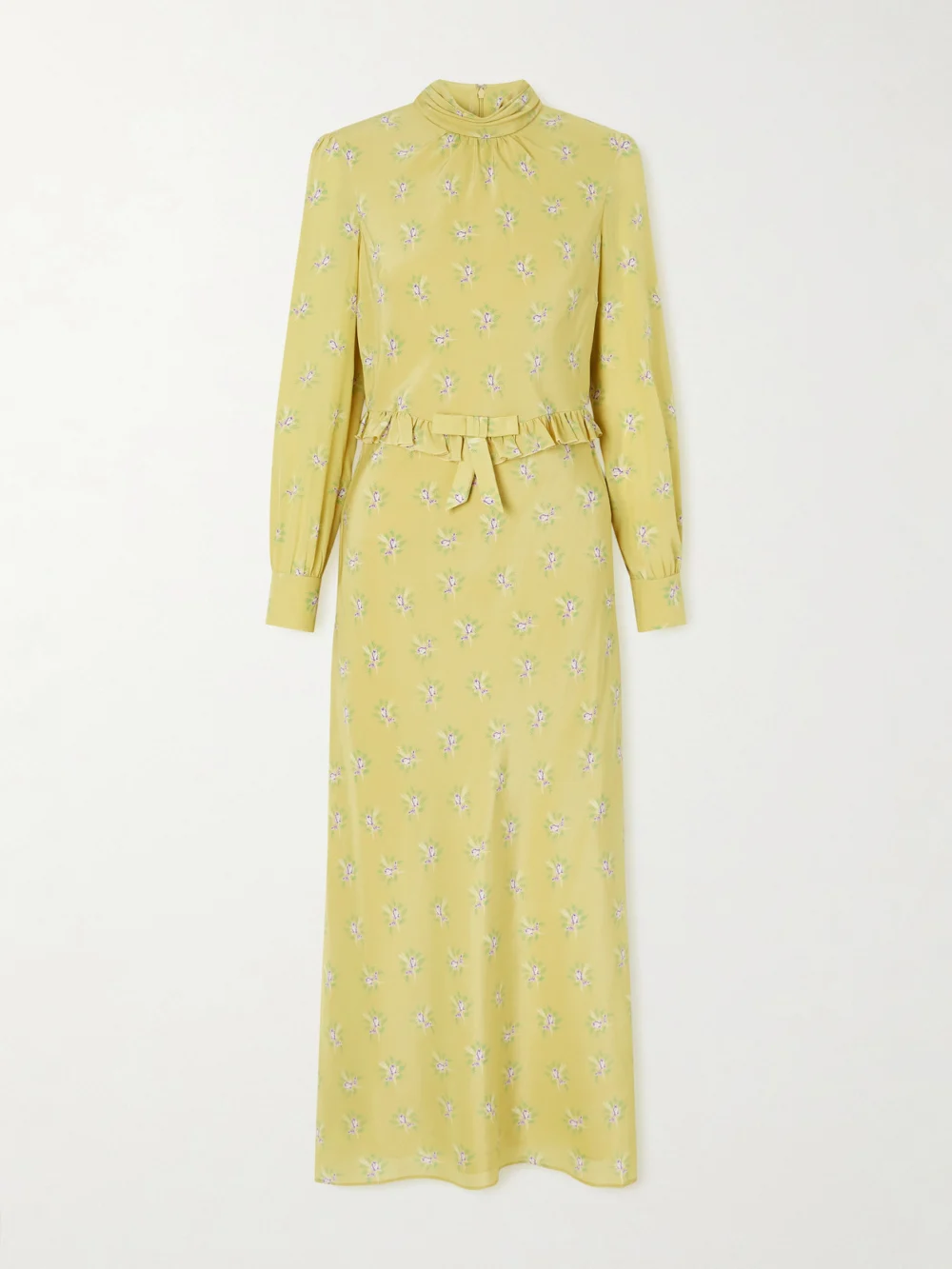 Alessandra Rich Ruffled Bow-detailed Floral-print Silk Crepe De Chine Midi Dress in yellow