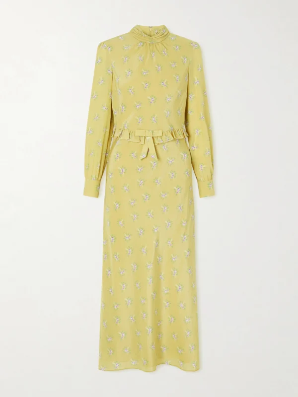 Alessandra Rich Ruffled Bow-detailed Floral-print Silk Crepe De Chine Midi Dress
