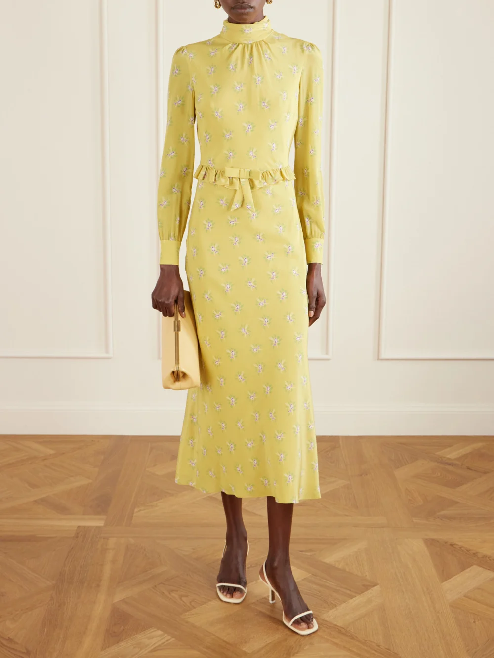 Alessandra Rich Ruffled Bow-detailed Floral-print Silk Crepe De Chine Midi Dress, worn by a model