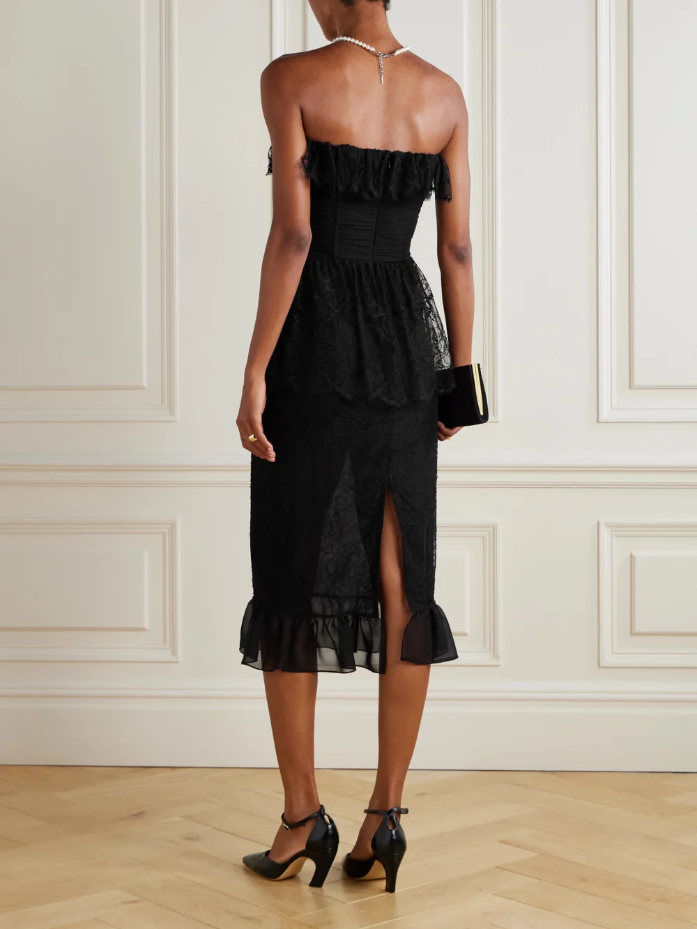 Back view of the Alessandra Rich Strapless Layered Embellished Cotton-blend Lace Midi Dress