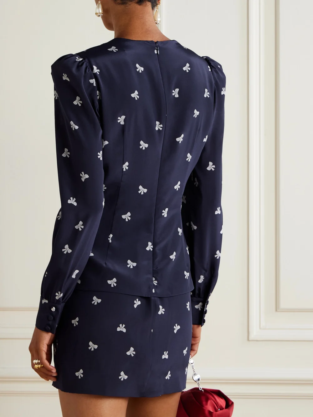 Back view of the Alessandra Rich Wrap-effect Embellished Pleated Printed Silk Crepe De Chine Mini Dress