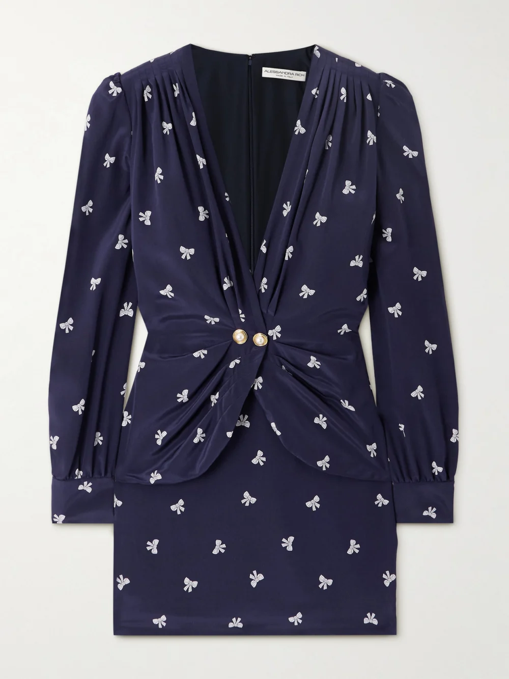 Alessandra Rich Wrap-effect Embellished Pleated Printed Silk Crepe De Chine Mini Dress in navy