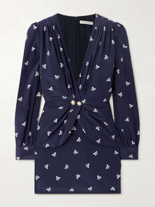 Alessandra Rich Wrap-effect Embellished Pleated Printed Silk Crepe De Chine Mini Dress