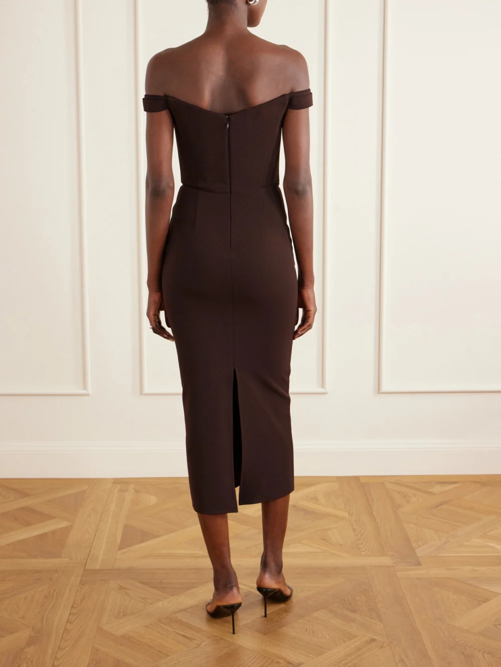 Back view of the Alex Perry Off-the-shoulder Crepe Midi Dress