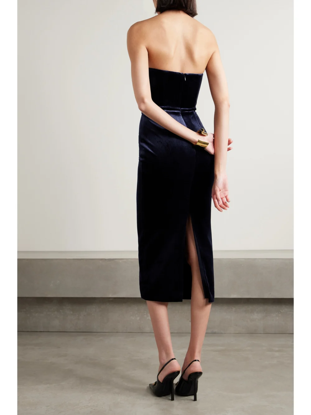 Back view of the Alex Perry Strapless Velvet Midi Dress