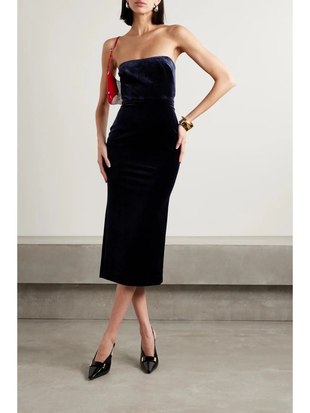 Alex Perry Strapless Velvet Midi Dress, worn by a model