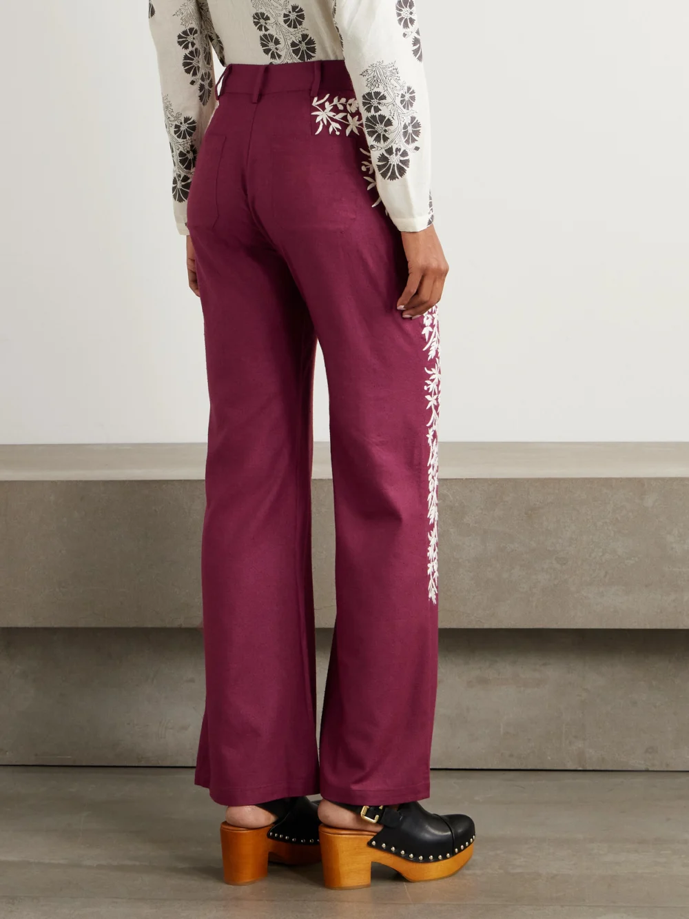 Back view of the Alix Of Bohemia Bunny Canyon Embroidered Silk Flared Pants