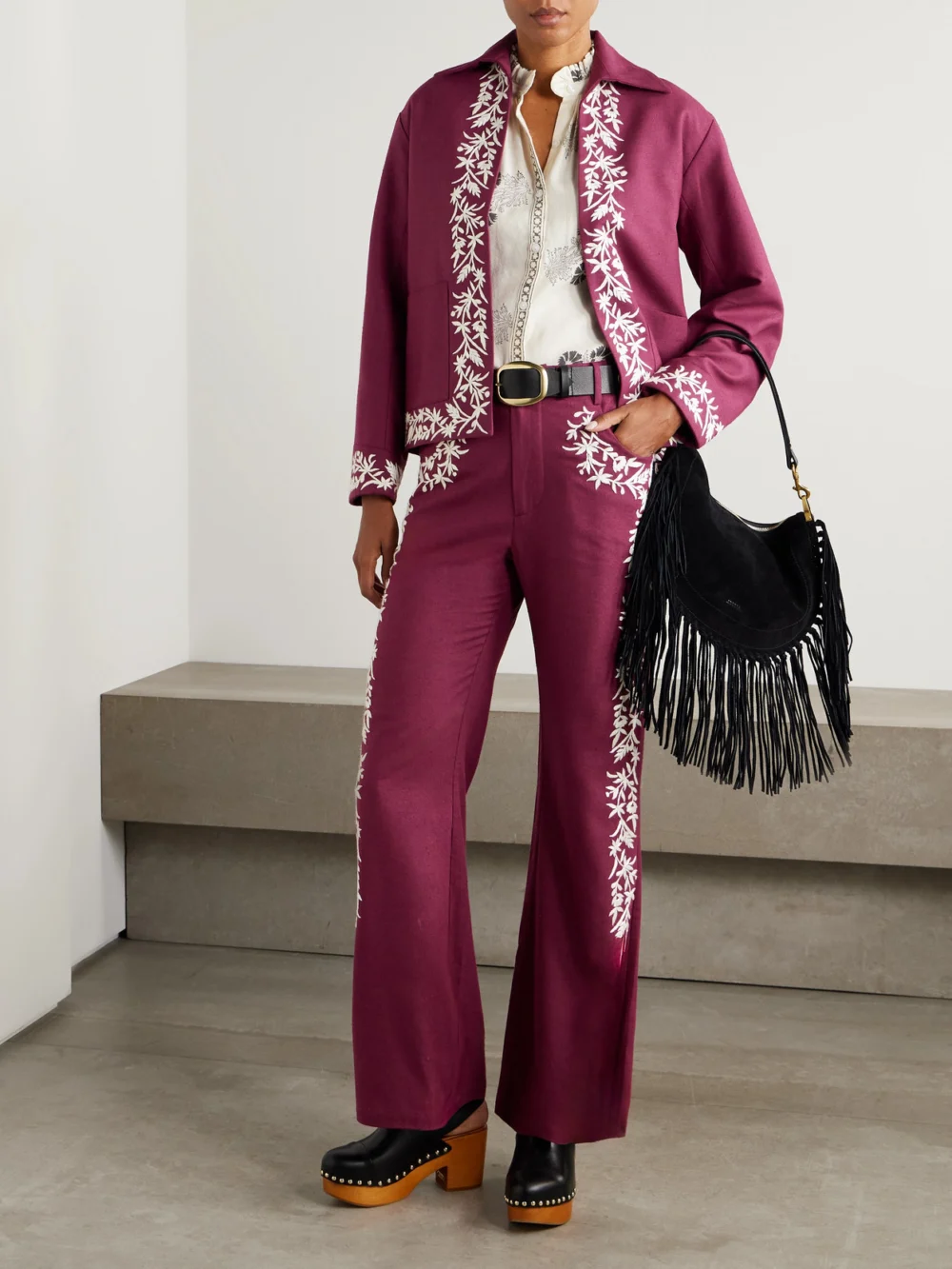 Alix Of Bohemia Bunny Canyon Embroidered Silk Flared Pants, worn by a model