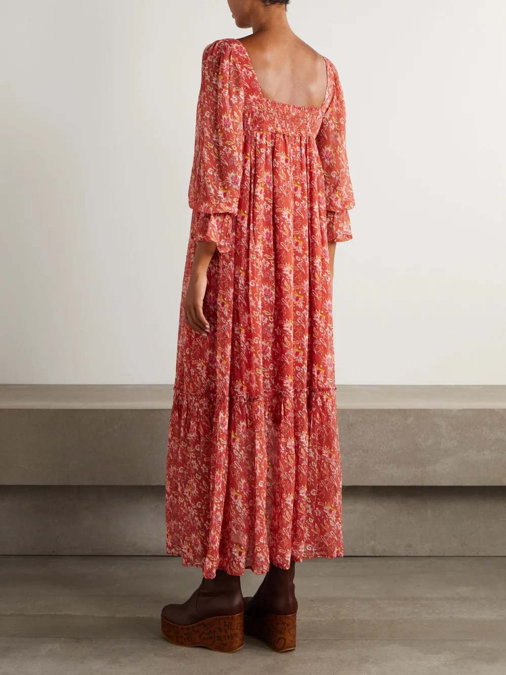 Back view of the Alix Of Bohemia Lilium Sunset Floral-print Chiffon Midi Dress